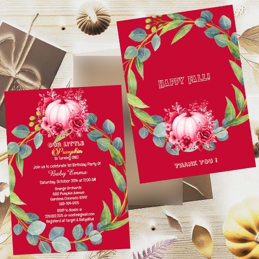 Onze kleine pompoen 1e verjaardag groene krans roz kaart