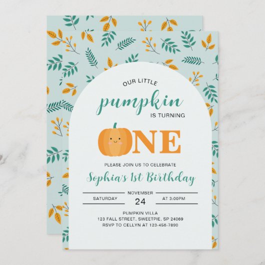 Onze kleine pompoen 1e verjaardag kaart (Voorkant / Achterkant)