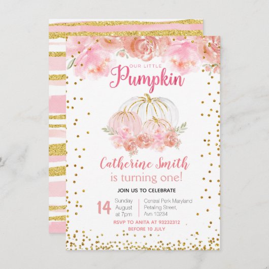 Onze kleine pompoen 1e verjaardag nodigt uit kaart (Voorkant / Achterkant)