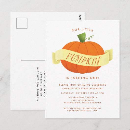 Onze kleine pompoen 1e verjaardag Uitnodiging (Voorkant / Achterkant)