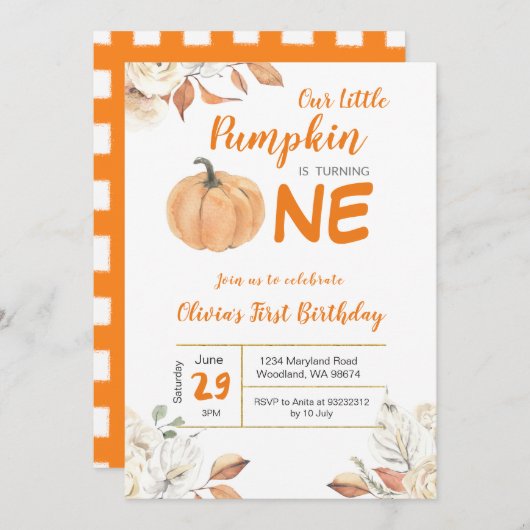 Onze kleine pompoen 1e verjaardag uitnodiging (Voorkant / Achterkant)