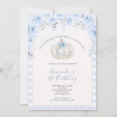 Onze kleine pompoen blauw gingham wit 1e verjaarda kaart (Voorkant)