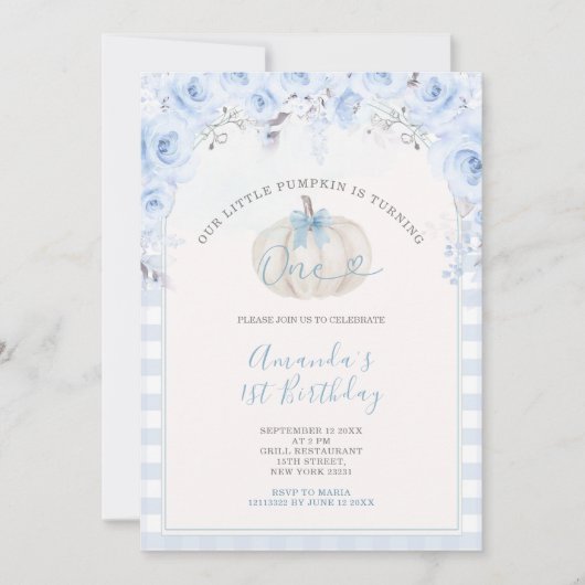 Onze kleine pompoen blauw gingham wit 1e verjaarda kaart (Voorkant)