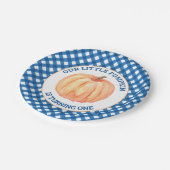 Onze kleine pompoen blauw plaid eerste verjaardag papieren bordje (Gekanteld)