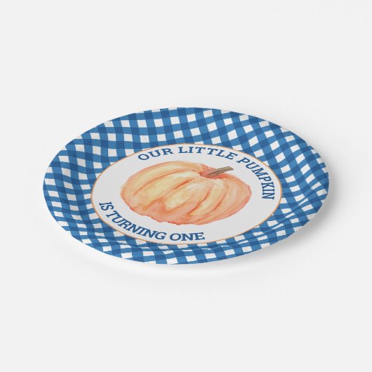 Onze kleine pompoen blauw plaid eerste verjaardag papieren bordje (Gekanteld)