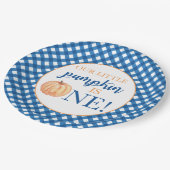 Onze kleine pompoen blauw plaid eerste verjaardag  papieren bordje (Gekanteld)