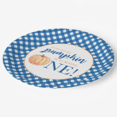 Onze kleine pompoen blauw plaid eerste verjaardag papieren bordje (Gekanteld)