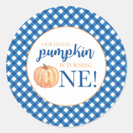 Onze kleine pompoen blauw plaid eerste verjaardag ronde sticker
