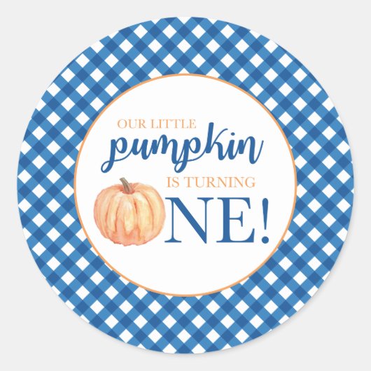 Onze kleine pompoen blauw plaid eerste verjaardag ronde sticker (Voorkant)