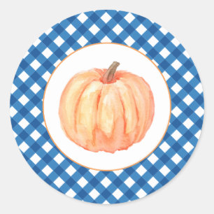 Onze kleine pompoen blauw plaid eerste verjaardag ronde sticker