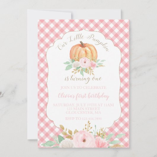 Onze Kleine Pompoen bloemenen roze geruite verjaar Kaart (Voorkant)