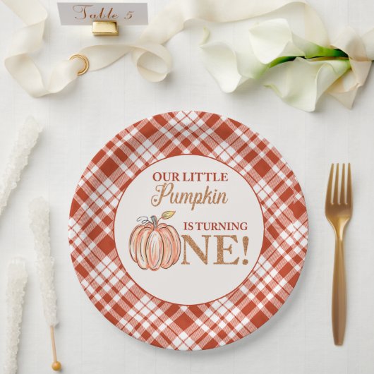 Onze Kleine Pompoen bloemenrood plaid 1e verjaarda Papieren Bordje (Huwelijk)
