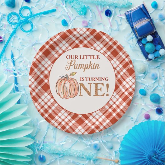 Onze Kleine Pompoen bloemenrood plaid 1e verjaarda Papieren Bordje (Feest)