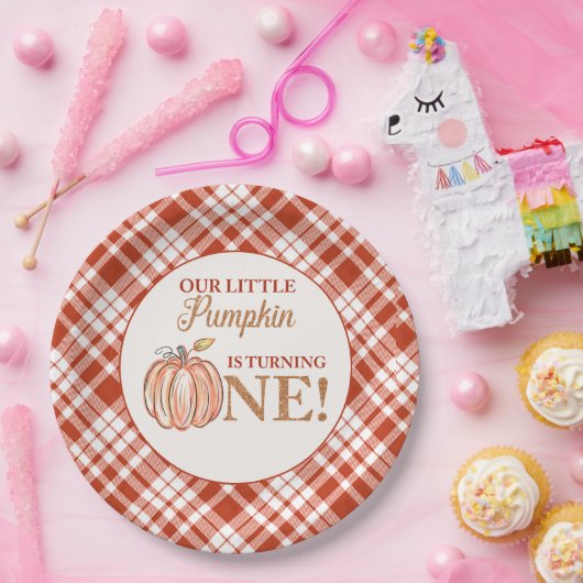 Onze Kleine Pompoen bloemenrood plaid 1e verjaarda Papieren Bordje (Feest)