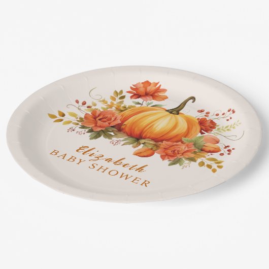 Onze kleine pompoen bloemige Herfst Baby shower Papieren Bordje (Gekanteld)