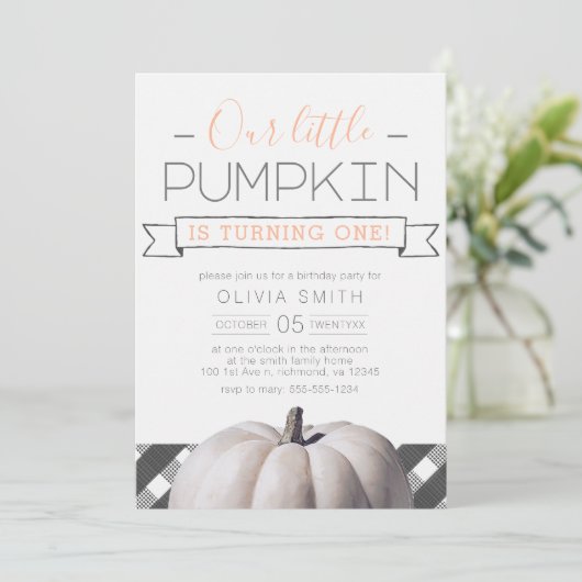 Onze Kleine Pompoen Buffalo Plaid Herfst 1e verjaa Kaart (Staand voorkant)