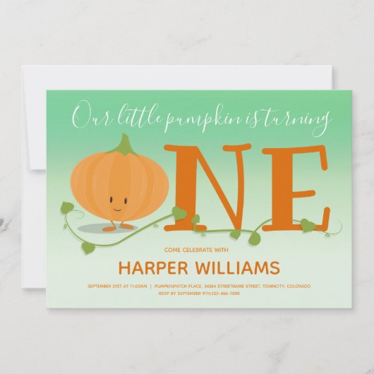 Onze kleine pompoen draaien een 1e verjaardag groe kaart (Voorkant)