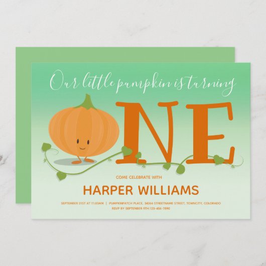 Onze kleine pompoen draaien een 1e verjaardag groe kaart (Voorkant / Achterkant)