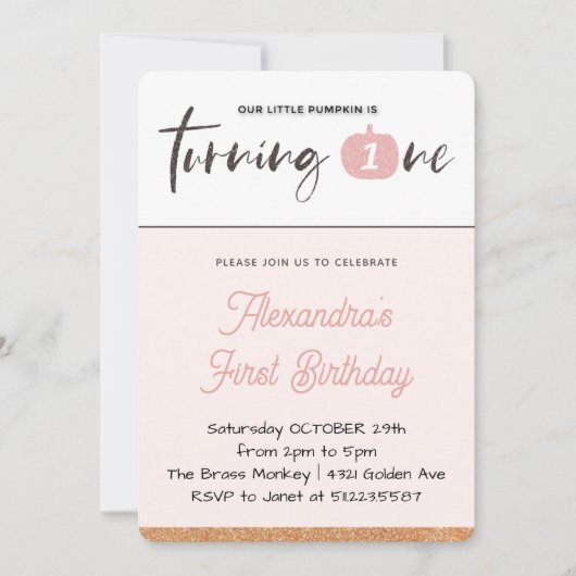 Onze kleine pompoen draaien een eerste verjaardag kaart (Voorkant)