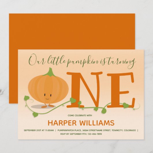 Onze kleine pompoen draaien een eerste verjaardag kaart (Voorkant / Achterkant)