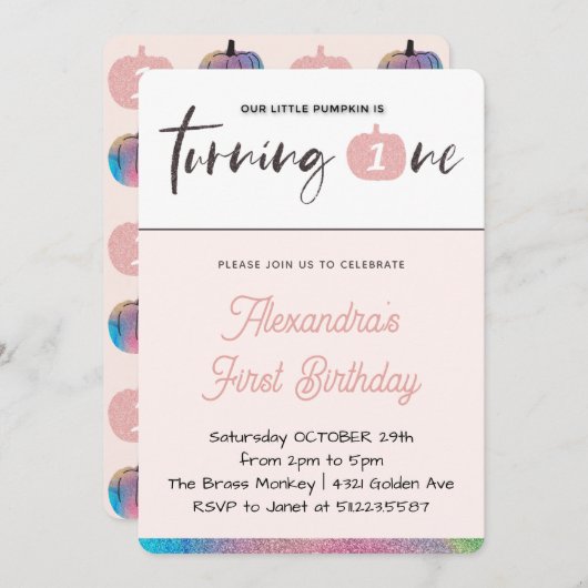 Onze kleine pompoen draaien een eerste verjaardag kaart (Voorkant / Achterkant)