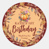 Onze kleine pompoen draait één dank je ronde sticker (Voorkant)