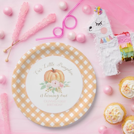 Onze kleine pompoen eerste verjaardag bloemenplaid papieren bordje (Feest)