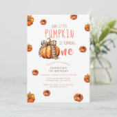 Onze kleine pompoen eerste verjaardag boog pompoen kaart (Staand voorkant)