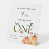 Onze kleine pompoen eerste verjaardag partij gunst reclamebord met voetstuk (Voorkant)