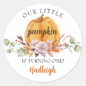 Onze kleine pompoen eerste verjaardag ronde sticker (Voorkant)