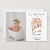 Onze Kleine Pompoen Eerste Verjaardag Roze Foto Kaart (Voorkant)