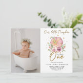 Onze Kleine Pompoen Eerste Verjaardag Roze Foto Kaart (Staand voorkant)