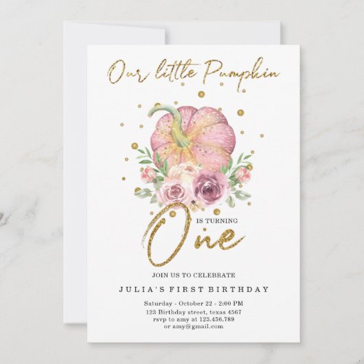 Onze kleine pompoen eerste verjaardag roze kaart (Voorkant)