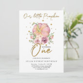 Onze kleine pompoen eerste verjaardag roze kaart (Staand voorkant)