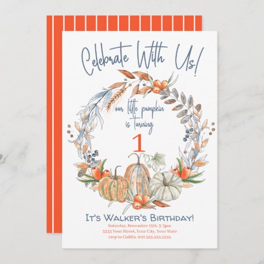 Onze kleine pompoen eerste verjaardag uitnodiging (Voorkant / Achterkant)