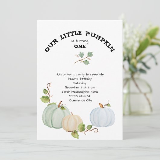 Onze kleine pompoen eerste verjaardag uitnodiging (Staand voorkant)