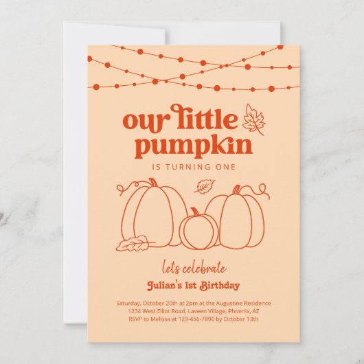 Onze kleine pompoen eerste verjaardagsfeestuitnodi kaart (Voorkant)