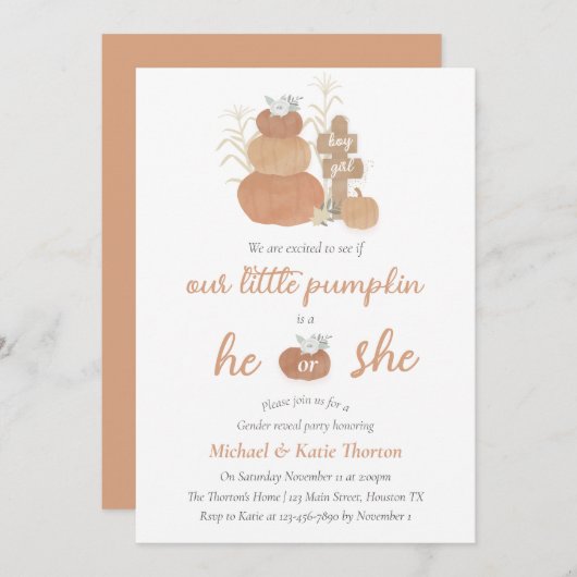 Onze kleine pompoen geslacht onthullen uitnodiging (Voorkant / Achterkant)
