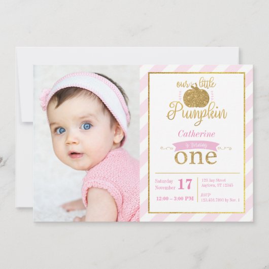 Onze Kleine Pompoen Goud/Roze Verjaardag Uitnodige Kaart (Voorkant)