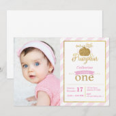 Onze Kleine Pompoen Goud/Roze Verjaardag Uitnodige Kaart (Voorkant / Achterkant)
