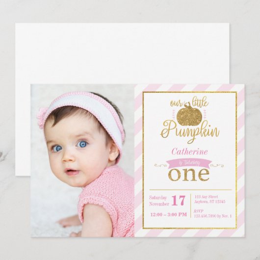 Onze Kleine Pompoen Goud/Roze Verjaardag Uitnodige Kaart (Voorkant / Achterkant)