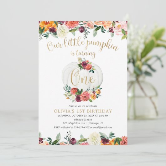 Onze kleine pompoen herfst bloemenbordeaux goud kaart (Staand voorkant)