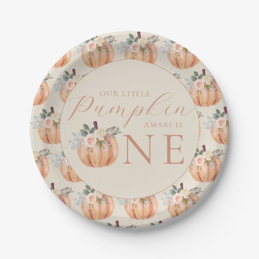 Onze kleine pompoen is één 1e verjaardag papieren bordje (Voorkant)
