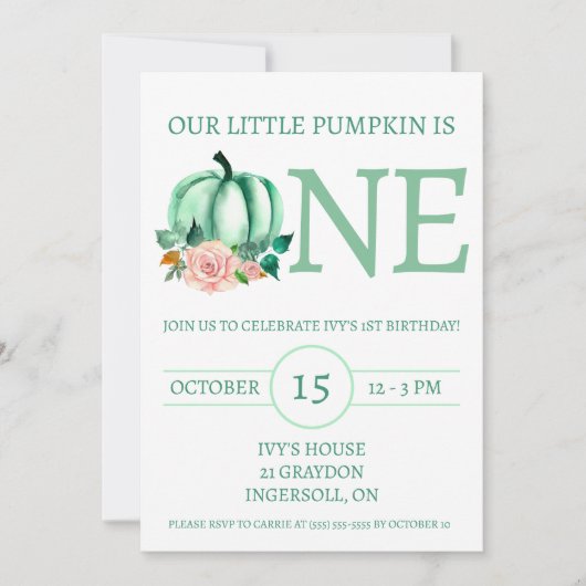 Onze kleine pompoen is een Mint/roze verjaardagsfe Kaart (Voorkant)