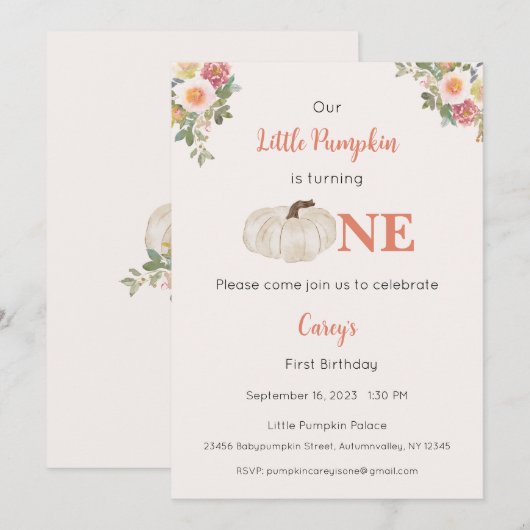 Onze kleine pompoen is één uitnodiging, 1e verjaar kaart (Voorkant / Achterkant)