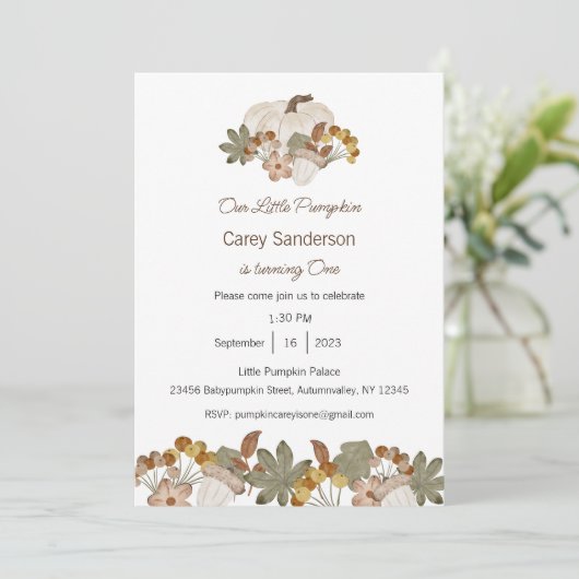 Onze kleine pompoen is één uitnodiging, 1e verjaar kaart (Staand voorkant)