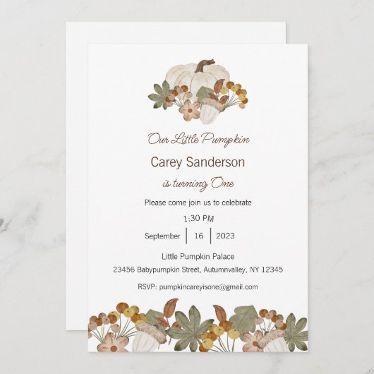Onze kleine pompoen is één uitnodiging, 1e verjaar kaart (Voorkant / Achterkant)