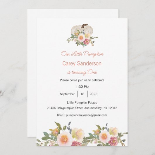 Onze kleine pompoen is één uitnodiging, 1e verjaar kaart (Voorkant / Achterkant)