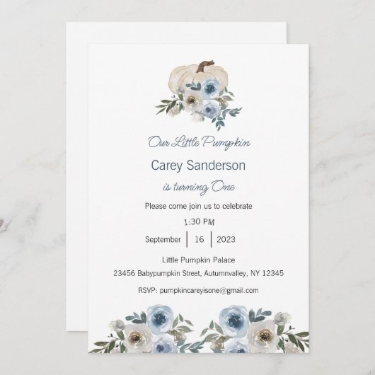 Onze kleine pompoen is één uitnodiging, 1e verjaar kaart (Voorkant / Achterkant)