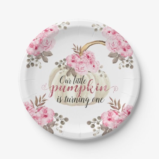 Onze kleine pompoen is één Waterverf roze bloemig Papieren Bordje (Voorkant)